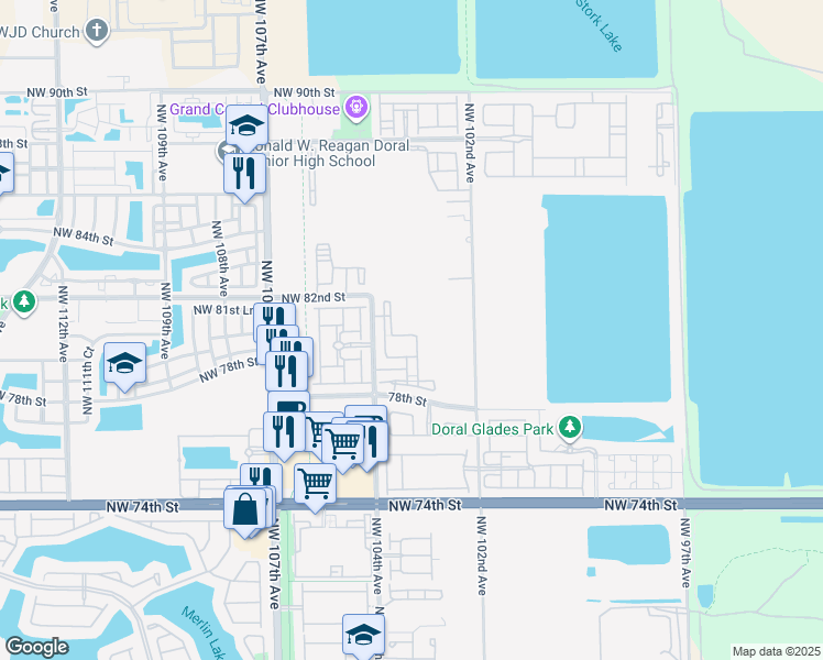 map of restaurants, bars, coffee shops, grocery stores, and more near 8195 Northwest 104th Avenue in Doral