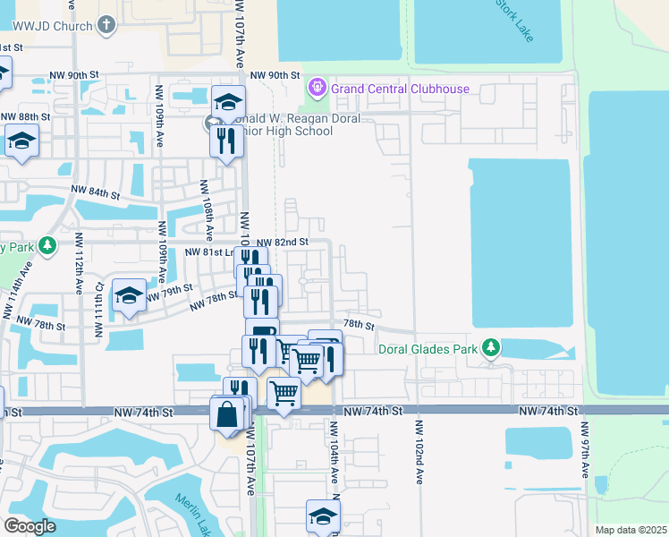 map of restaurants, bars, coffee shops, grocery stores, and more near 8013 Northwest 104th Court in Doral