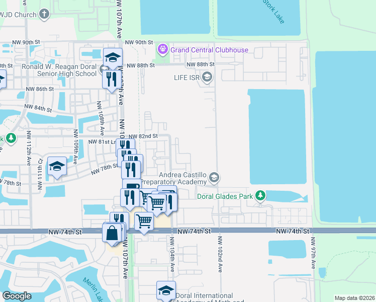 map of restaurants, bars, coffee shops, grocery stores, and more near 8195 Northwest 104th Avenue in Doral