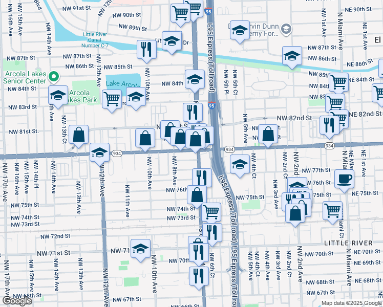 map of restaurants, bars, coffee shops, grocery stores, and more near in Miami