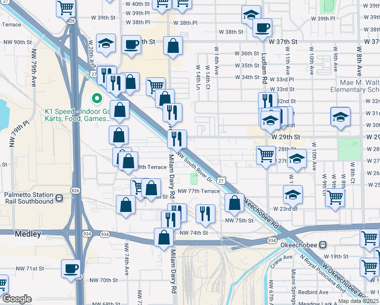 map of restaurants, bars, coffee shops, grocery stores, and more near East Okeechobee Road in Hialeah