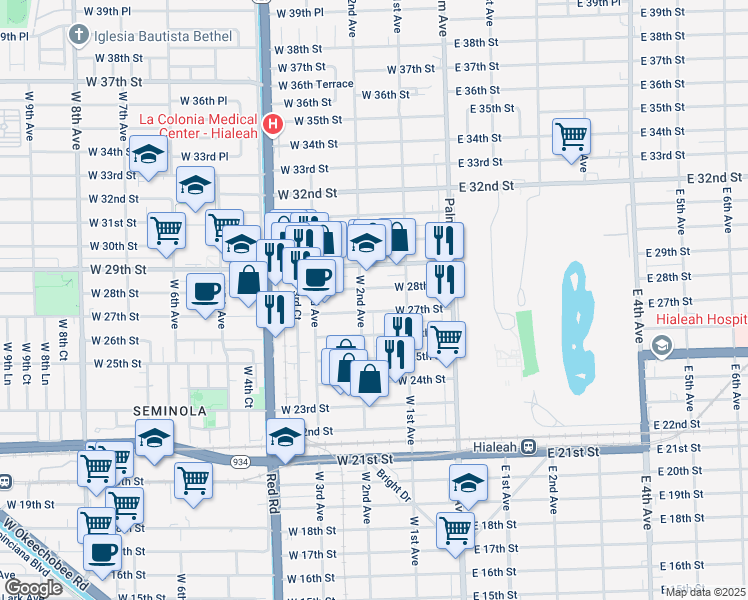 map of restaurants, bars, coffee shops, grocery stores, and more near 190 West 28th Street in Hialeah