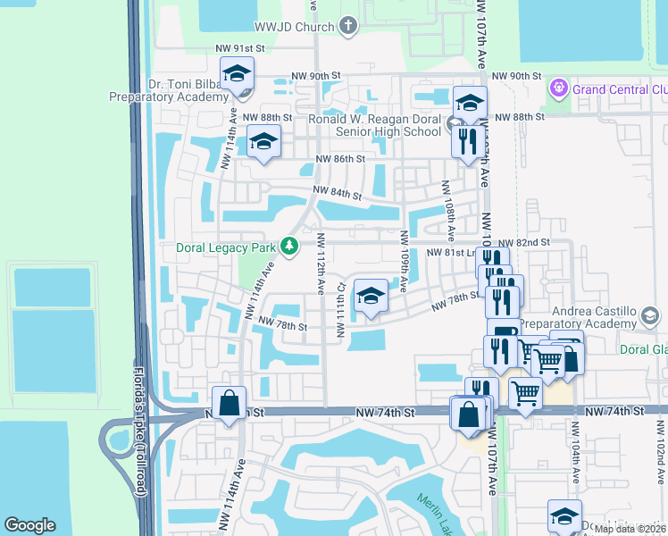 map of restaurants, bars, coffee shops, grocery stores, and more near 11129 Northwest 80th Lane in Doral