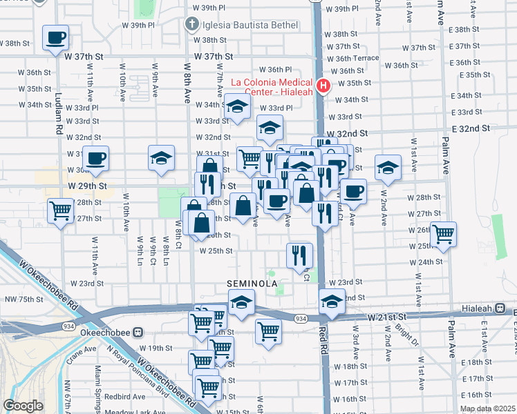 map of restaurants, bars, coffee shops, grocery stores, and more near 565 West 27th Street in Hialeah