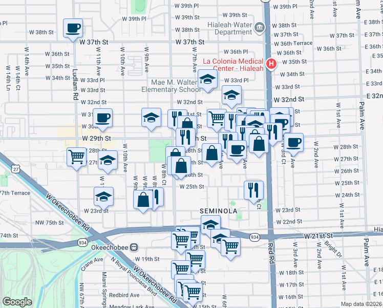 map of restaurants, bars, coffee shops, grocery stores, and more near 715 West 27th Street in Hialeah