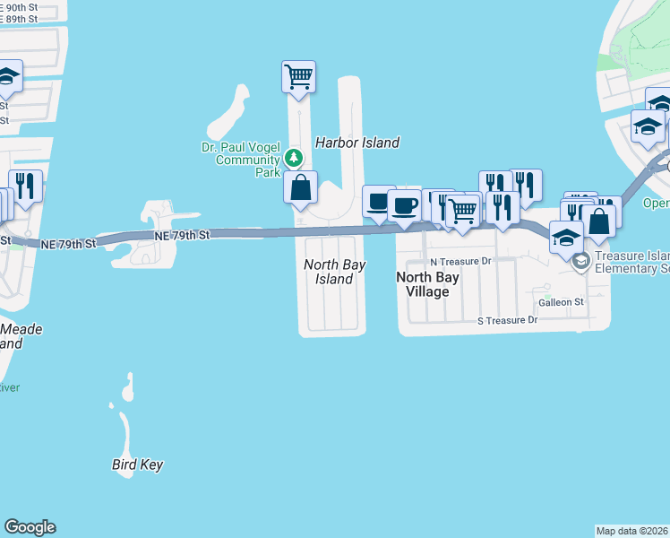 map of restaurants, bars, coffee shops, grocery stores, and more near in North Bay Village