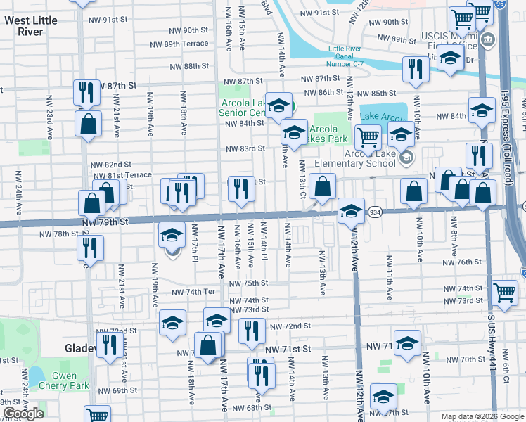 map of restaurants, bars, coffee shops, grocery stores, and more near in West Little River