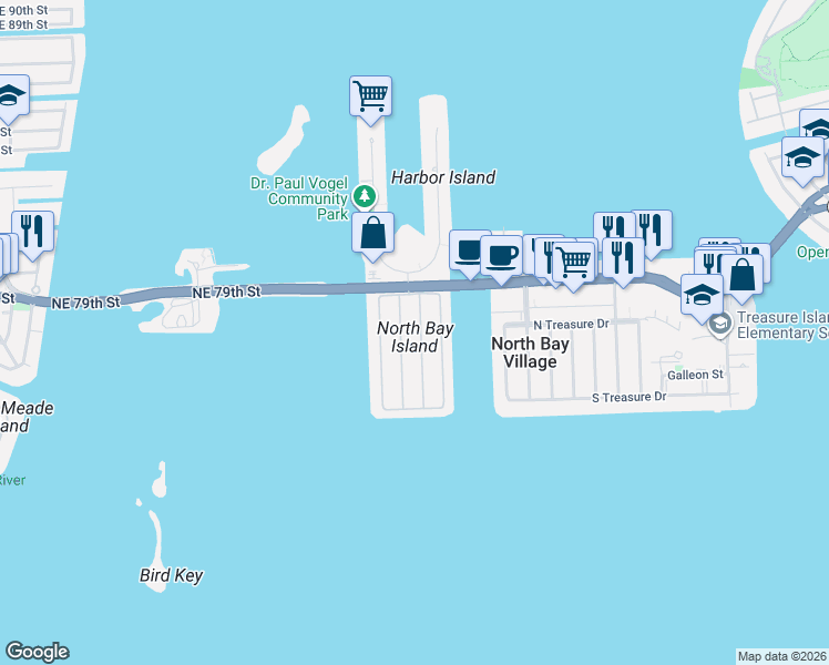 map of restaurants, bars, coffee shops, grocery stores, and more near in North Bay Village