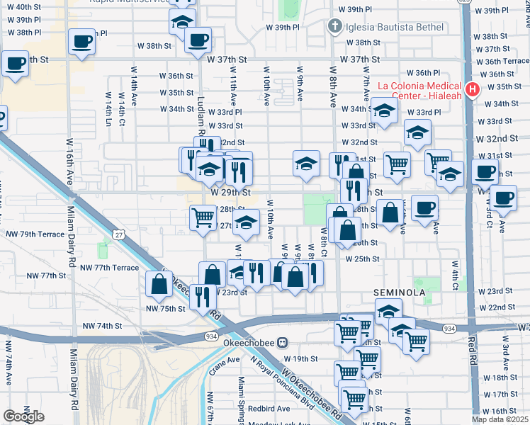 map of restaurants, bars, coffee shops, grocery stores, and more near 2712 West 10th Avenue in Hialeah