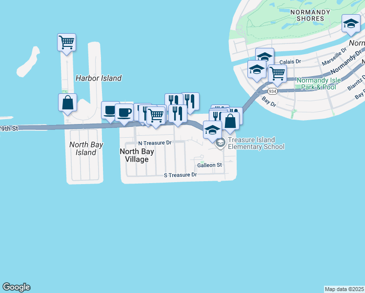 map of restaurants, bars, coffee shops, grocery stores, and more near 7541 Mutiny Avenue in North Bay Village