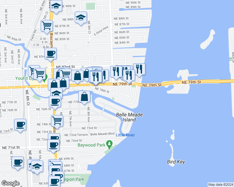 map of restaurants, bars, coffee shops, grocery stores, and more near 994 Northeast 78th Street in Miami