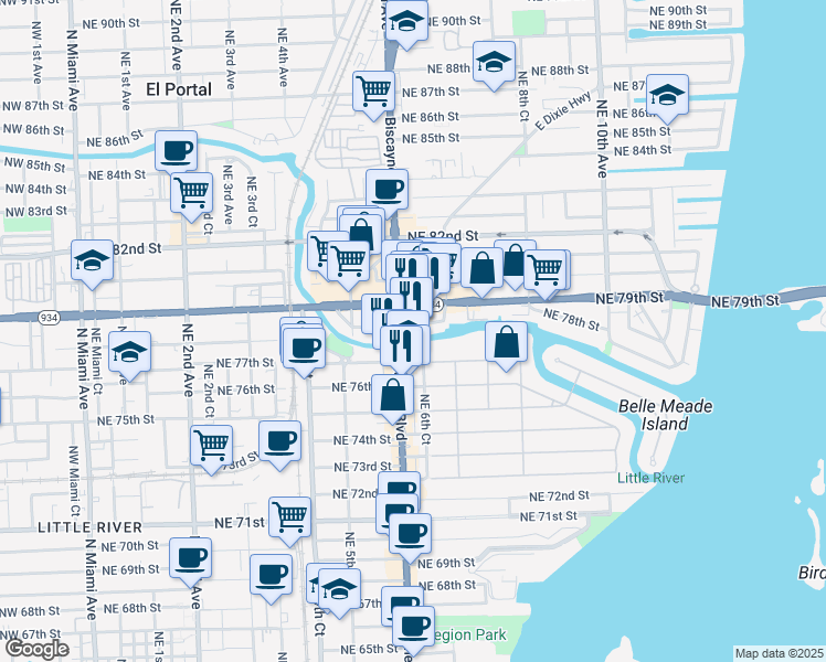map of restaurants, bars, coffee shops, grocery stores, and more near in Miami