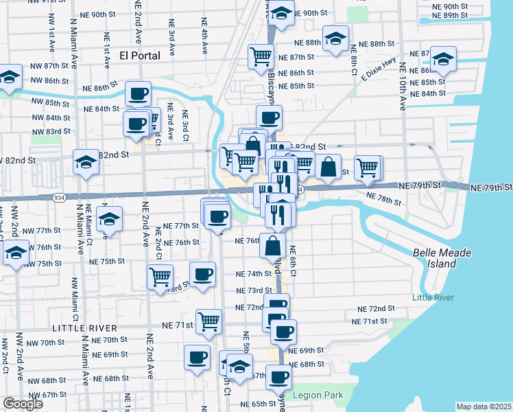 map of restaurants, bars, coffee shops, grocery stores, and more near 544 Northeast 78th Street in Miami