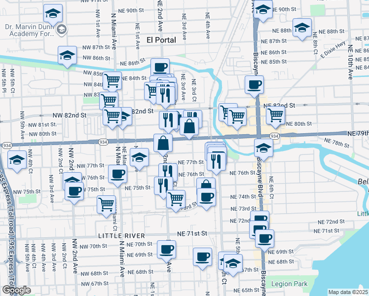 map of restaurants, bars, coffee shops, grocery stores, and more near 274 Northeast 78th Street in Miami