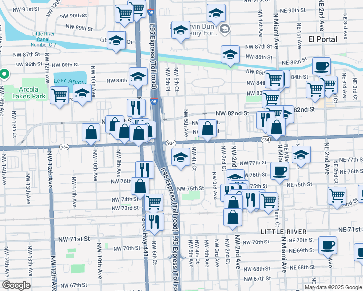 map of restaurants, bars, coffee shops, grocery stores, and more near 7823 Northwest 5 Avenue in El Portal