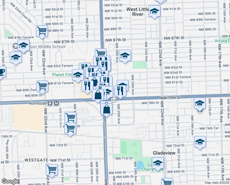 map of restaurants, bars, coffee shops, grocery stores, and more near 2497 Northwest 79th Street in Miami