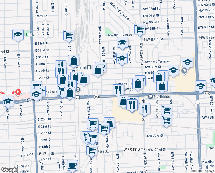map of restaurants, bars, coffee shops, grocery stores, and more near 3515 Northwest 80th Street in Miami