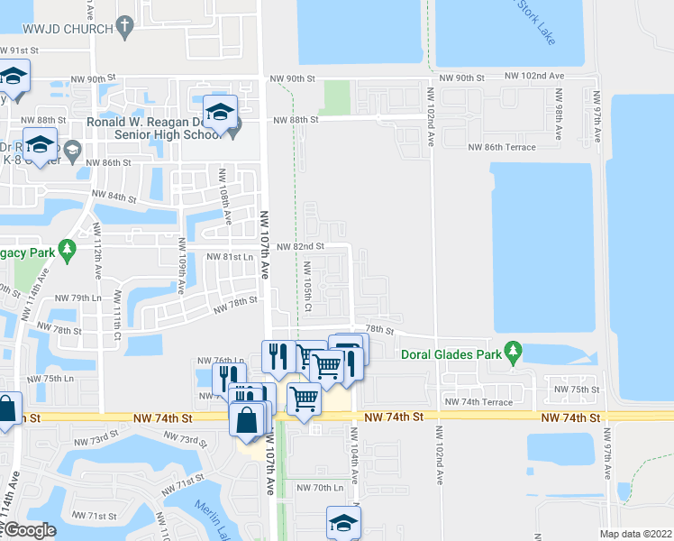 map of restaurants, bars, coffee shops, grocery stores, and more near 8013 Northwest 104th Court in Doral