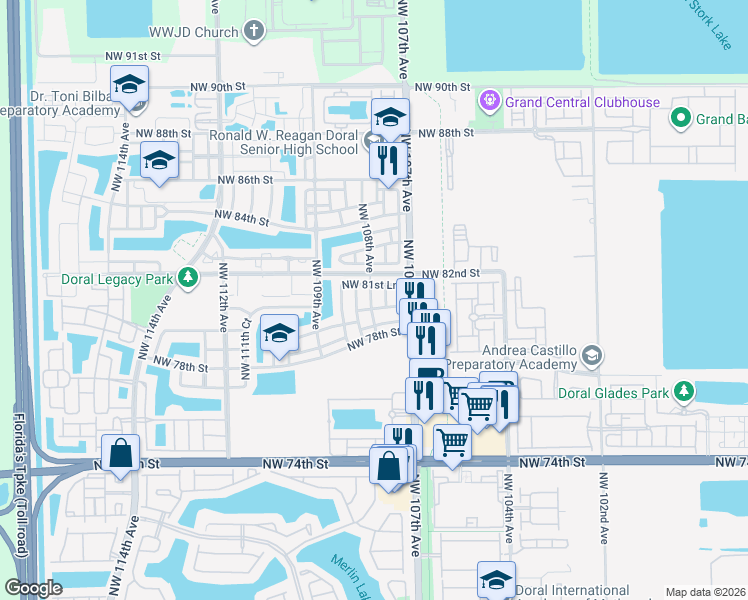 map of restaurants, bars, coffee shops, grocery stores, and more near 10750 Northwest 80th Lane in Miami
