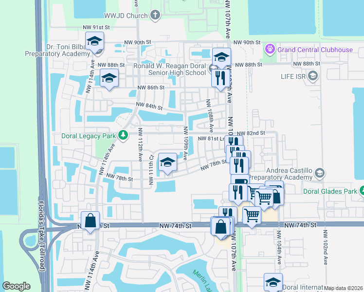 map of restaurants, bars, coffee shops, grocery stores, and more near 10909 Northwest 80th Lane in Miami