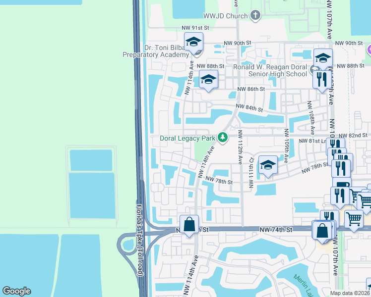 map of restaurants, bars, coffee shops, grocery stores, and more near 8023 Northwest 114th Place in Doral