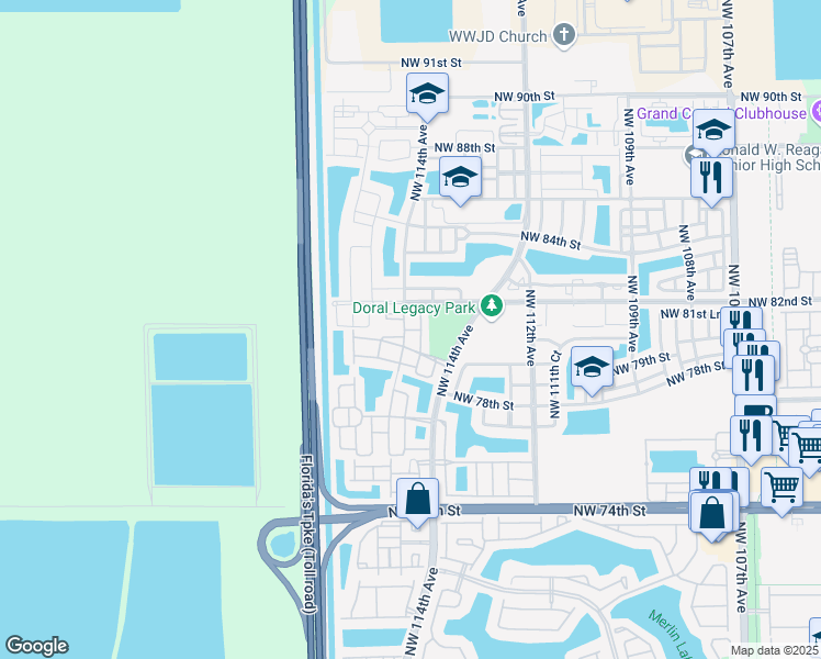 map of restaurants, bars, coffee shops, grocery stores, and more near 8023 Northwest 114th Place in Doral