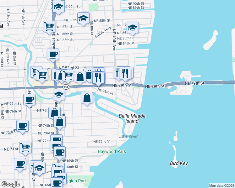 map of restaurants, bars, coffee shops, grocery stores, and more near 994 Northeast 78th Street in Miami
