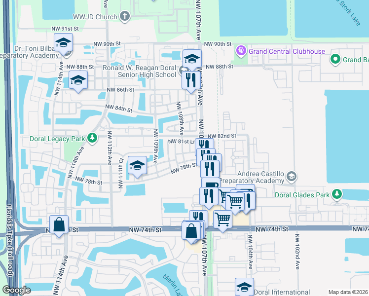 map of restaurants, bars, coffee shops, grocery stores, and more near 10750 Northwest 80th Lane in Miami