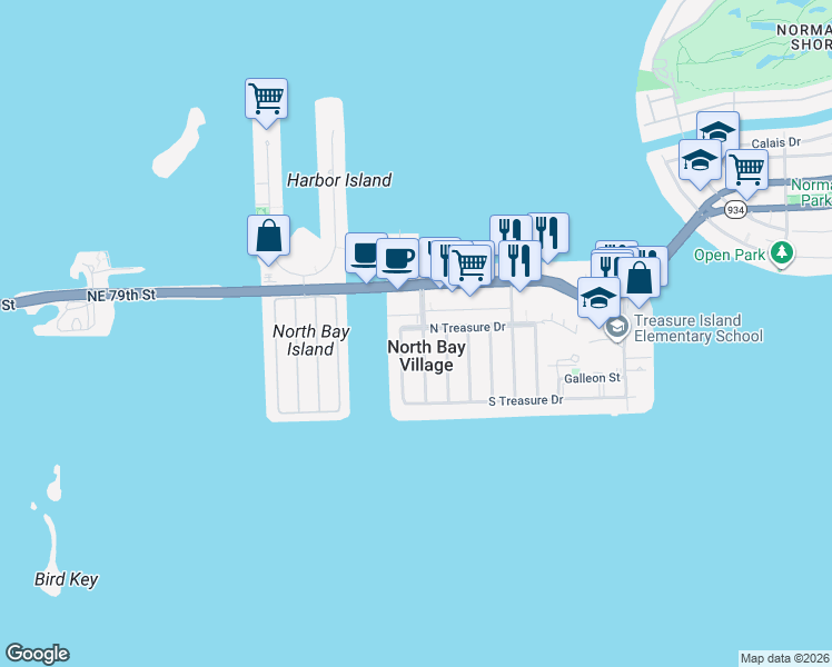 map of restaurants, bars, coffee shops, grocery stores, and more near in North Bay Village