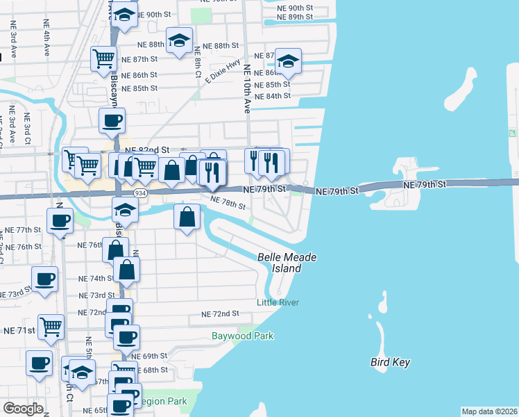 map of restaurants, bars, coffee shops, grocery stores, and more near 994 Northeast 78th Street in Miami