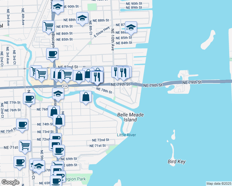 map of restaurants, bars, coffee shops, grocery stores, and more near 994 Northeast 78th Street in Miami