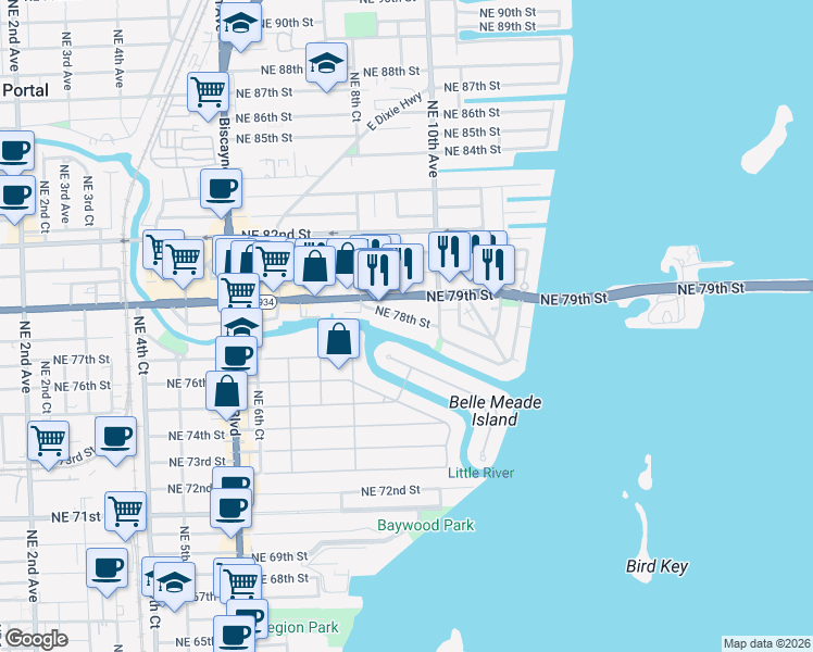 map of restaurants, bars, coffee shops, grocery stores, and more near 861 Belle Meade Island Drive in Miami