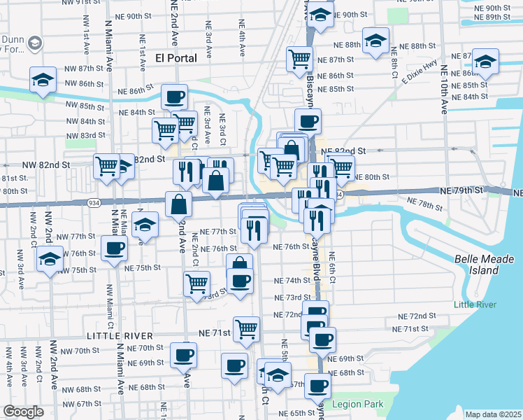 map of restaurants, bars, coffee shops, grocery stores, and more near 7802 Southwest 4th Street in Miami