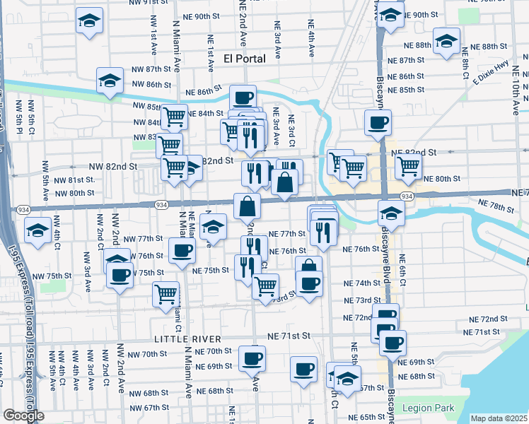 map of restaurants, bars, coffee shops, grocery stores, and more near 274 Northeast 78th Street in Miami