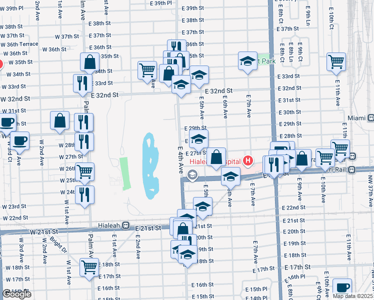 map of restaurants, bars, coffee shops, grocery stores, and more near 416 East 27th Street in Hialeah