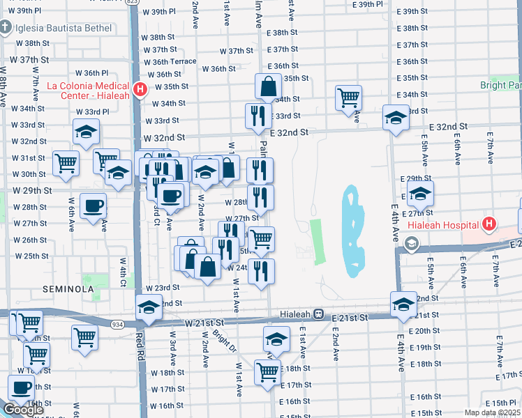 map of restaurants, bars, coffee shops, grocery stores, and more near 38 West 27th Street in Hialeah