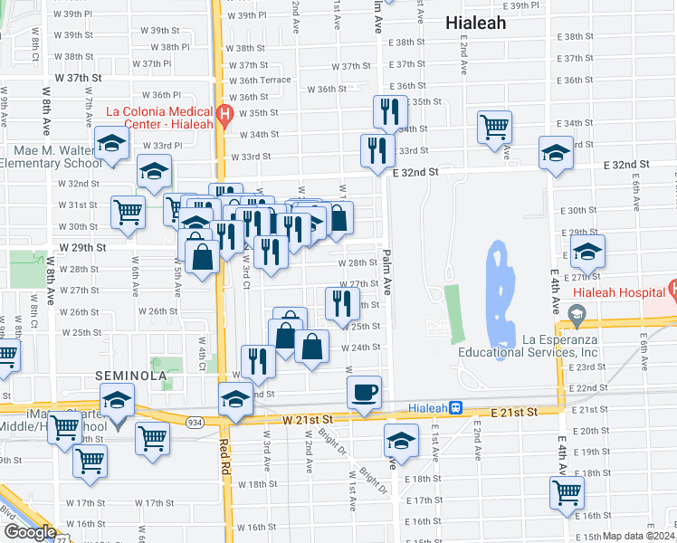 map of restaurants, bars, coffee shops, grocery stores, and more near 104 West 27th Street in Hialeah