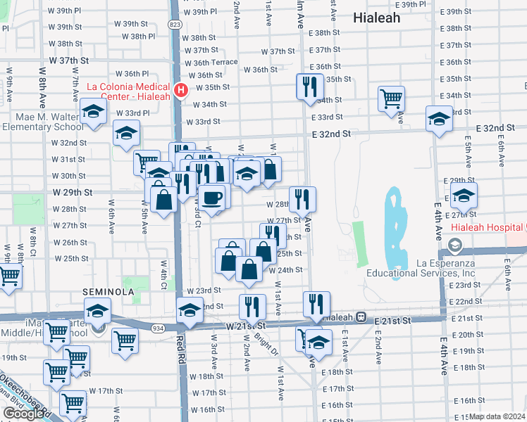 map of restaurants, bars, coffee shops, grocery stores, and more near 104 West 27th Street in Hialeah