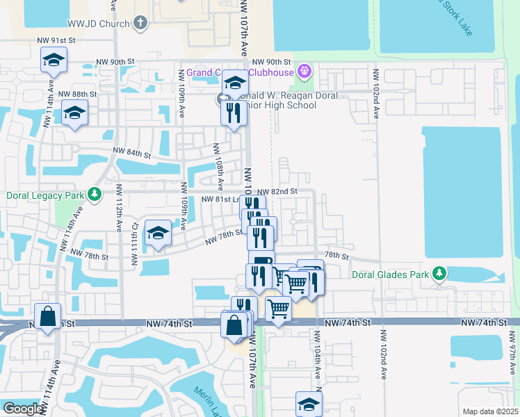 map of restaurants, bars, coffee shops, grocery stores, and more near in Doral