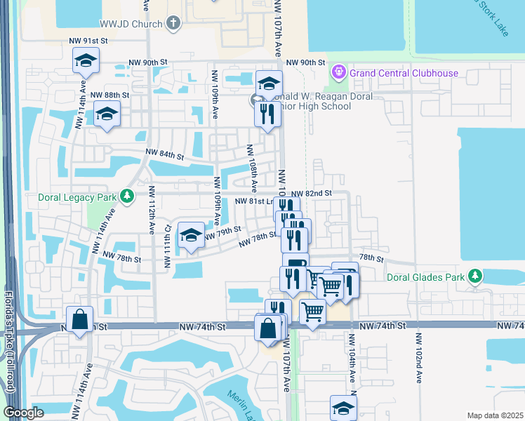 map of restaurants, bars, coffee shops, grocery stores, and more near 10750 Northwest 80th Lane in Miami