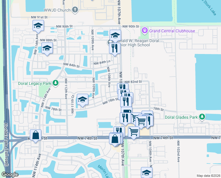 map of restaurants, bars, coffee shops, grocery stores, and more near 10750 Northwest 80th Lane in Miami