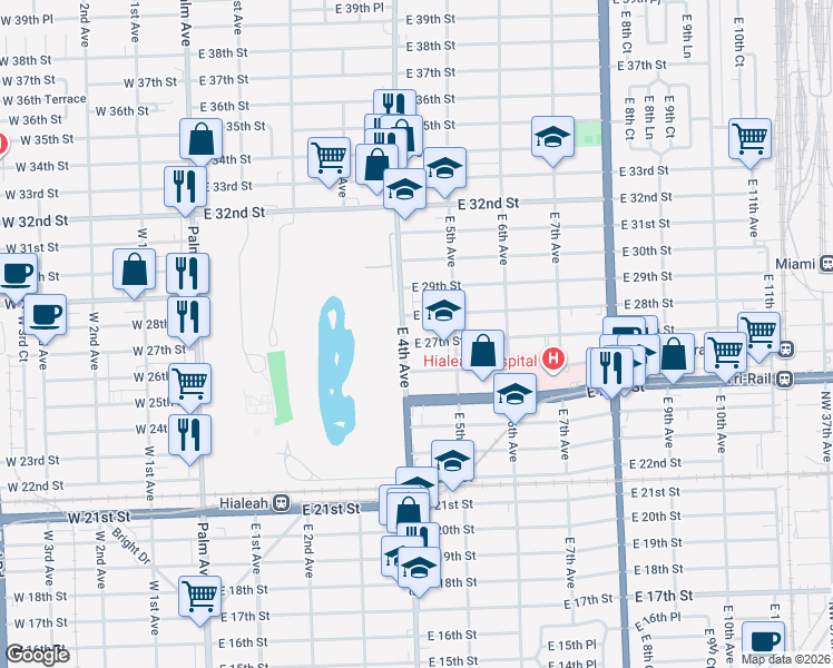 map of restaurants, bars, coffee shops, grocery stores, and more near 416 East 27th Street in Hialeah