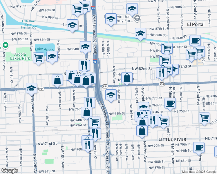 map of restaurants, bars, coffee shops, grocery stores, and more near 7814 Northwest 5th Court in Miami