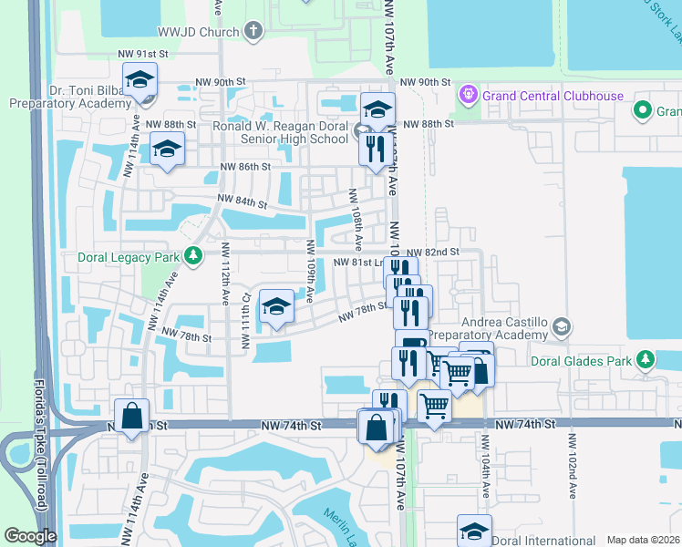 map of restaurants, bars, coffee shops, grocery stores, and more near 8058 Northwest 108th Court in Doral