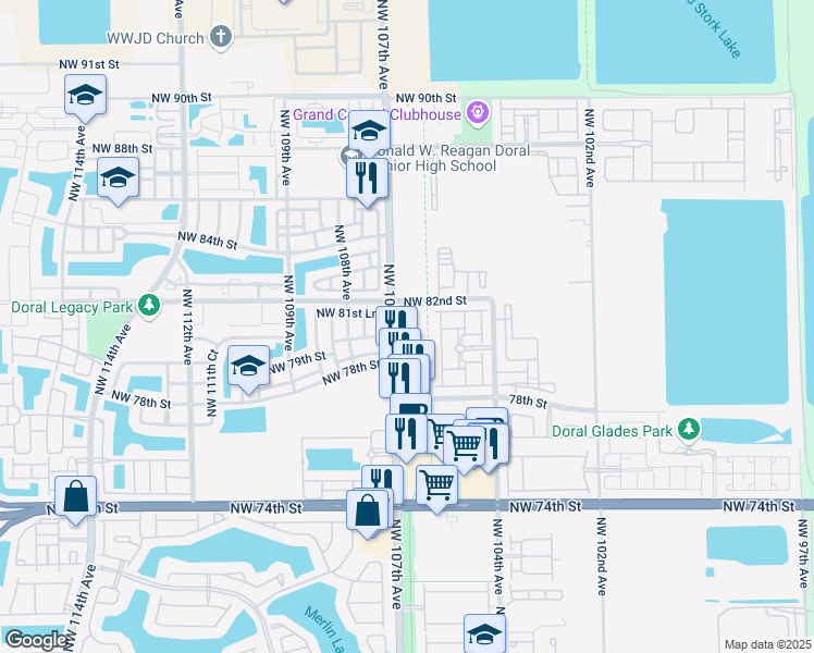 map of restaurants, bars, coffee shops, grocery stores, and more near in Doral