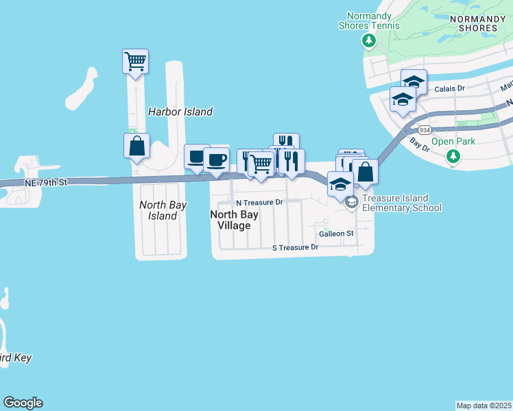 map of restaurants, bars, coffee shops, grocery stores, and more near 1576 North Treasure Drive in North Bay Village