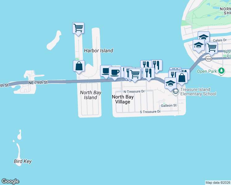 map of restaurants, bars, coffee shops, grocery stores, and more near N Treasure Dr & W Treasure Dr in North Bay Village