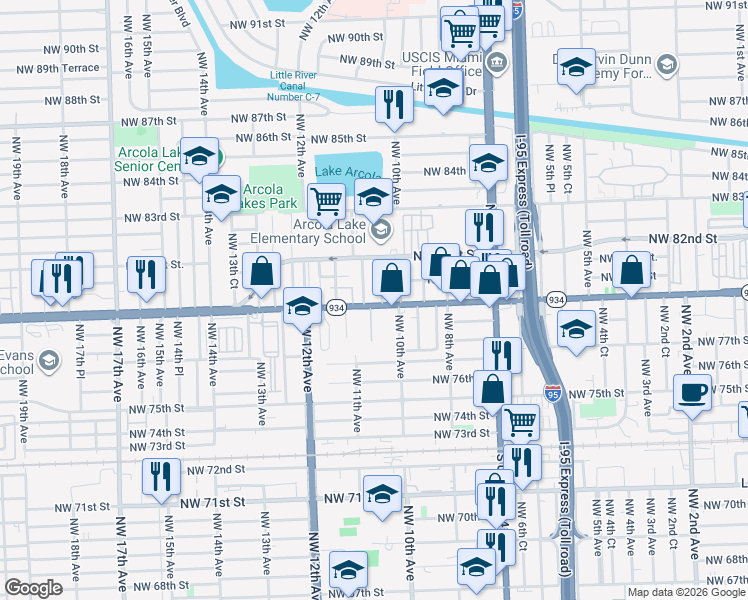 map of restaurants, bars, coffee shops, grocery stores, and more near 1000 Northwest 79th Street in Miami