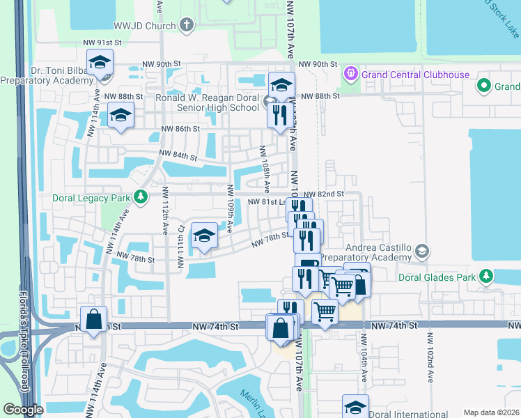 map of restaurants, bars, coffee shops, grocery stores, and more near 8058 Northwest 108th Court in Doral