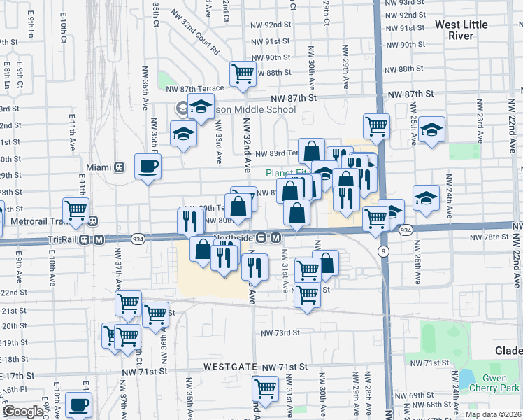 map of restaurants, bars, coffee shops, grocery stores, and more near 3015 Northwest 79th Street in Miami